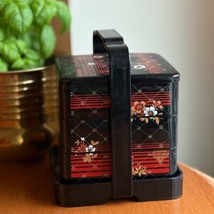 Japanese Lunch Box Vintage Lacquered Black Red Floral Bento Box Hostess Gift
